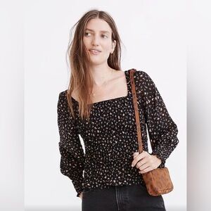 Madewell Black Floral Smocked ruched Top Small/Medium peasant